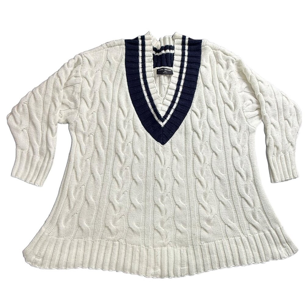 Lane Bryant Women's Plus Size 26/28 White & Navy Cable Knit Deep V-Neck  Sweater